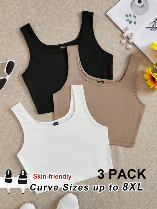 CURVE+ Curves Plus Size/Chool Clothes/Back To School Clothes /Back To School3pcs Size Women's Casual Round Neck Camisoles 3 Packs Crop Tops Tank Pack Women
