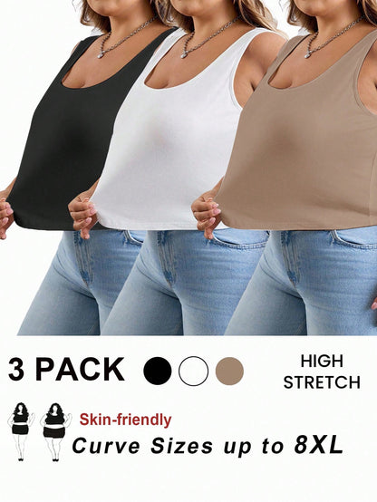 CURVE+ Curves Plus Size/Chool Clothes/Back To School Clothes /Back To School3pcs Size Women's Casual Round Neck Camisoles 3 Packs Crop Tops Tank Pack Women