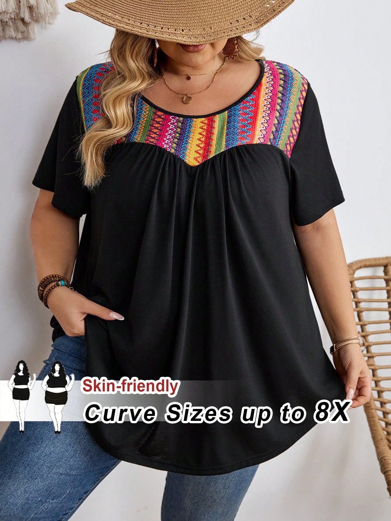 CURVE+ Plus Size Contrast Striped T-Shirt, Super Loose, Vacation T-Shirt Boho Vacation Vacation Black Summer