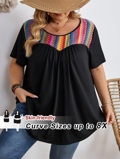 CURVE+ Plus Size Contrast Striped T-Shirt, Super Loose, Vacation T-Shirt Boho Vacation Vacation Black Summer
