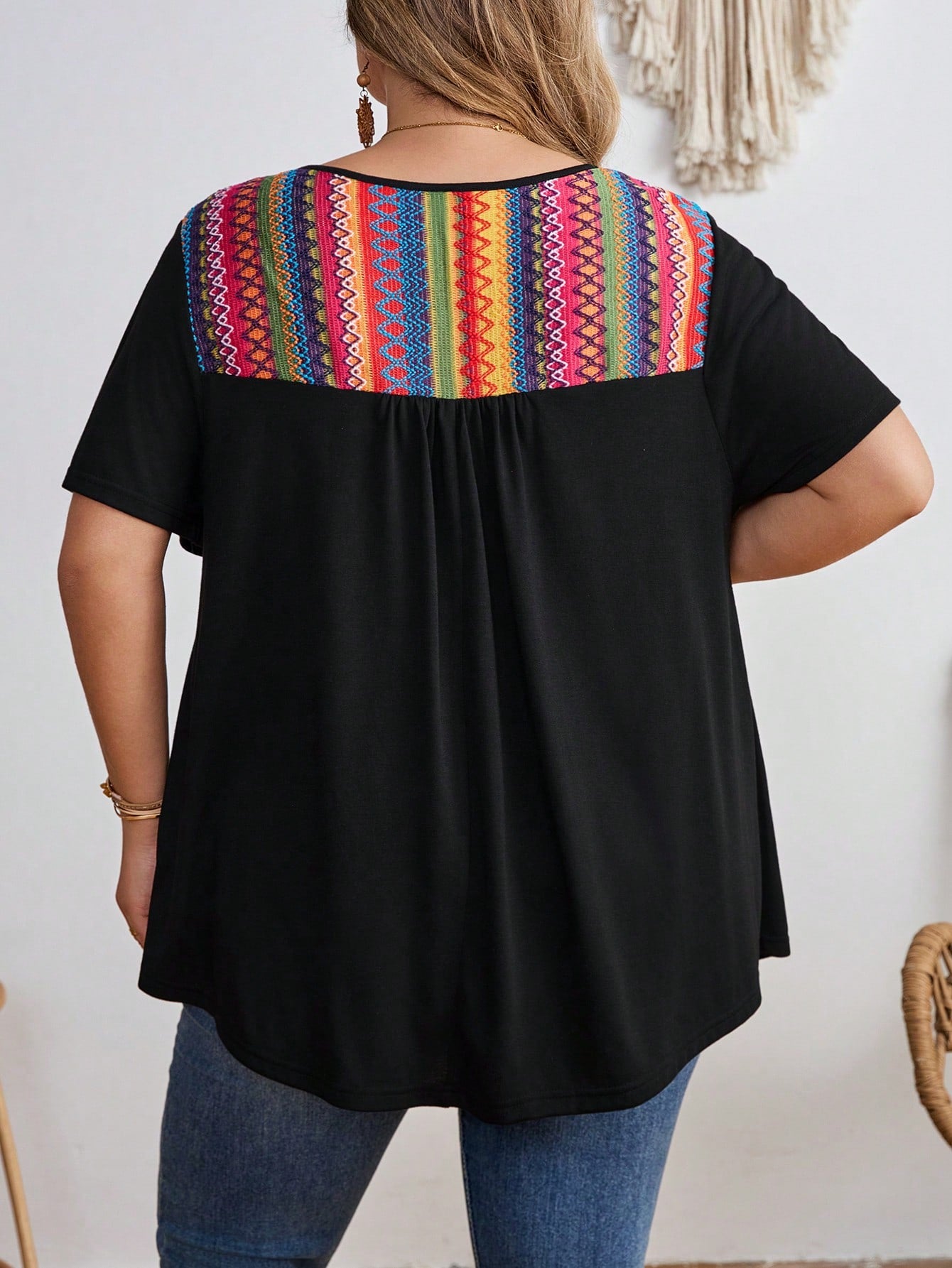 CURVE+ Plus Size Contrast Striped T-Shirt, Super Loose, Vacation T-Shirt Boho Vacation Vacation Black Summer