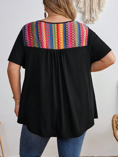 CURVE+ Plus Size Contrast Striped T-Shirt, Super Loose, Vacation T-Shirt Boho Vacation Vacation Black Summer