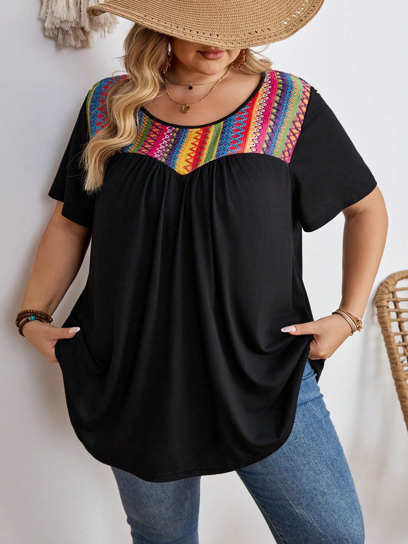 CURVE+ Plus Size Contrast Striped T-Shirt, Super Loose, Vacation T-Shirt Boho Vacation Vacation Black Summer