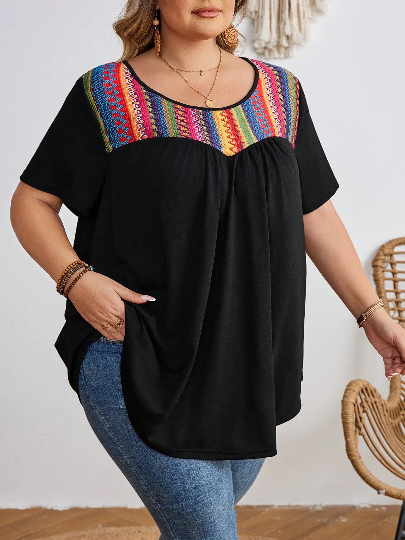 CURVE+ Plus Size Contrast Striped T-Shirt, Super Loose, Vacation T-Shirt Boho Vacation Vacation Black Summer