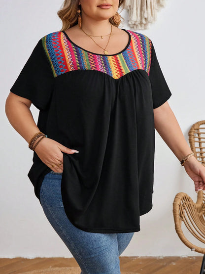 CURVE+ Plus Size Contrast Striped T-Shirt, Super Loose, Vacation T-Shirt Boho Vacation Vacation Black Summer