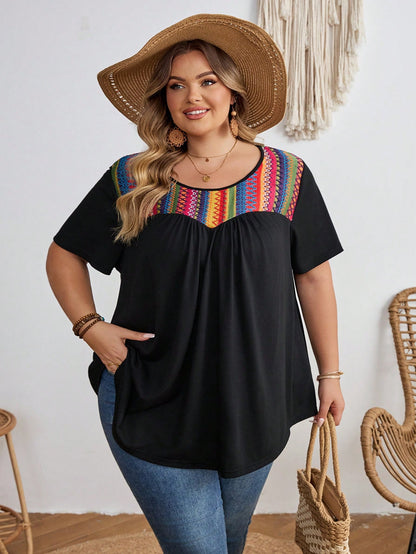 CURVE+ Plus Size Contrast Striped T-Shirt, Super Loose, Vacation T-Shirt Boho Vacation Vacation Black Summer
