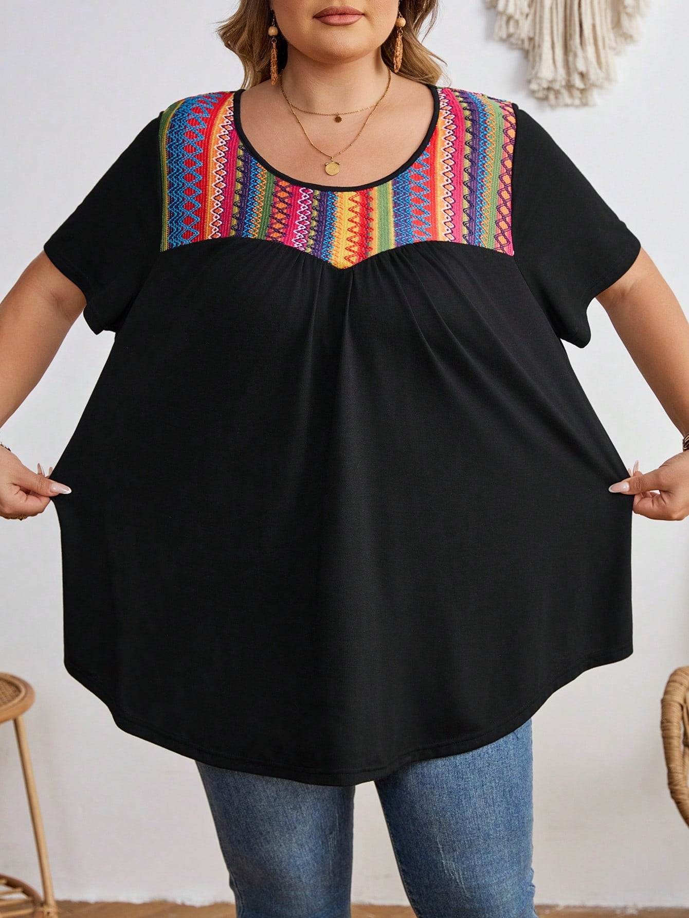 CURVE+ Plus Size Contrast Striped T-Shirt, Super Loose, Vacation T-Shirt Boho Vacation Vacation Black Summer