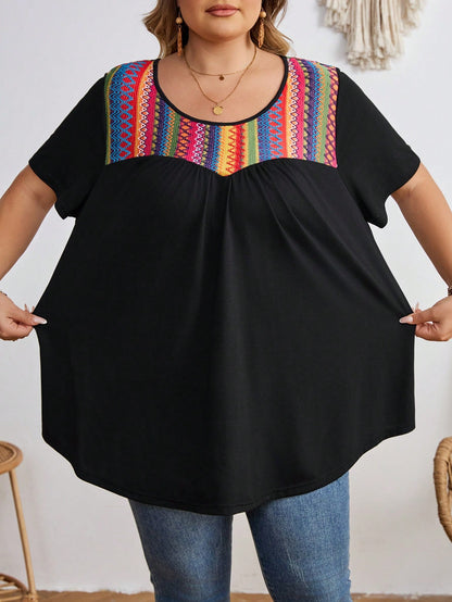 CURVE+ Plus Size Contrast Striped T-Shirt, Super Loose, Vacation T-Shirt Boho Vacation Vacation Black Summer