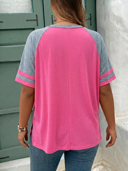 CURVE+ Plus Size Summer Casual Contrast Color Raglan T-Shirt Top Spring Women Beach Vacation For Bohemian