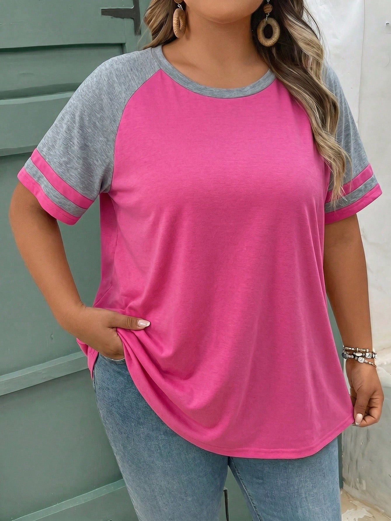 CURVE+ Plus Size Summer Casual Contrast Color Raglan T-Shirt Top Spring Women Beach Vacation For Bohemian