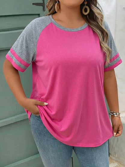 CURVE+ Plus Size Summer Casual Contrast Color Raglan T-Shirt Top Spring Women Beach Vacation For Bohemian