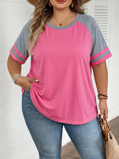 CURVE+ Plus Size Summer Casual Contrast Color Raglan T-Shirt Top Spring Women Beach Vacation For Bohemian