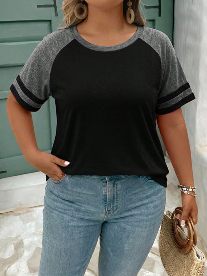 CURVE+ Plus Size Summer Casual Contrast Color Raglan T-Shirt Top Spring Women Beach Vacation For Bohemian