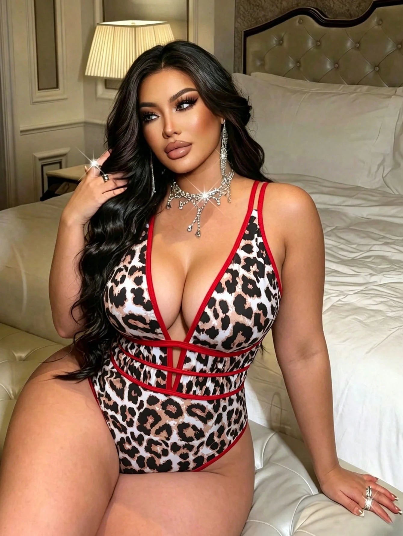 CURVE+ Plus Size Women Leopard Print One-Piece Spaghetti Strap Vacation Beach Swimsuit