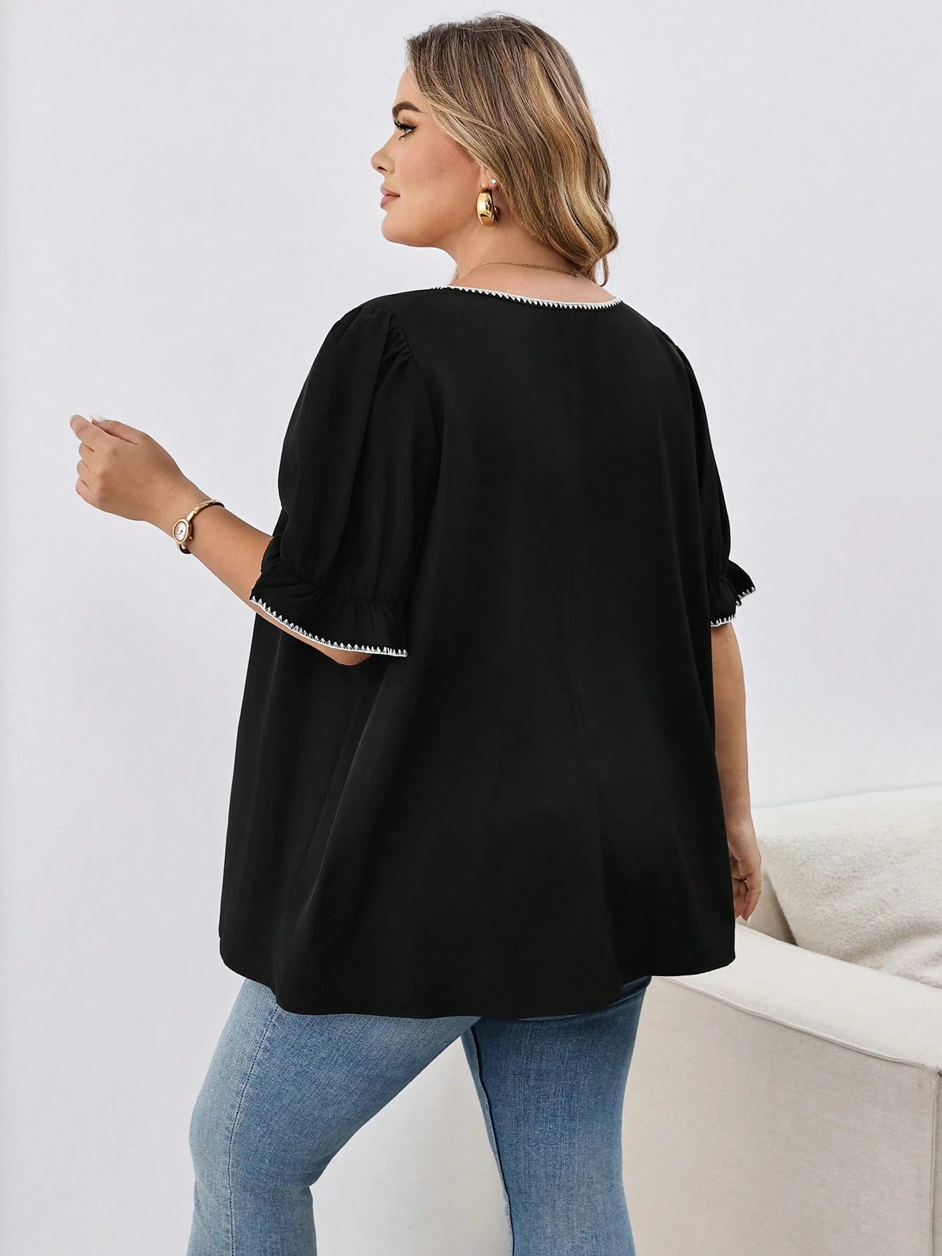 CURVE+ Plus Size Women's Casual Holiday Shell & Floral Decor Square Neck Lantern Sleeve Loose Blouse, Elegant Summer Vacation Top
