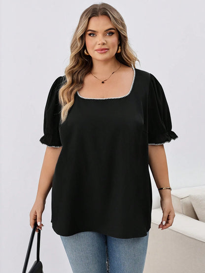 CURVE+ Plus Size Women's Casual Holiday Shell & Floral Decor Square Neck Lantern Sleeve Loose Blouse, Elegant Summer Vacation Top