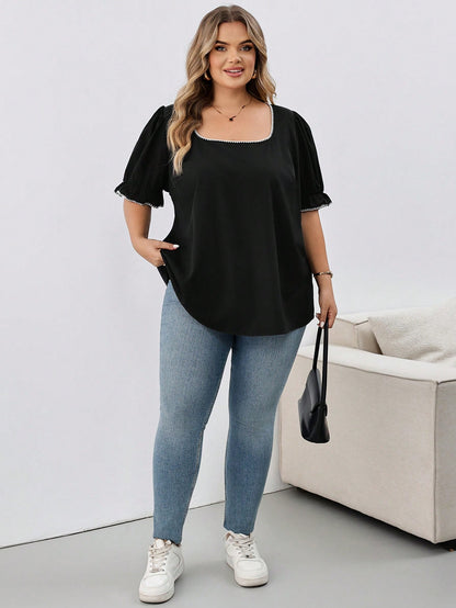 CURVE+ Plus Size Women's Casual Holiday Shell & Floral Decor Square Neck Lantern Sleeve Loose Blouse, Elegant Summer Vacation Top