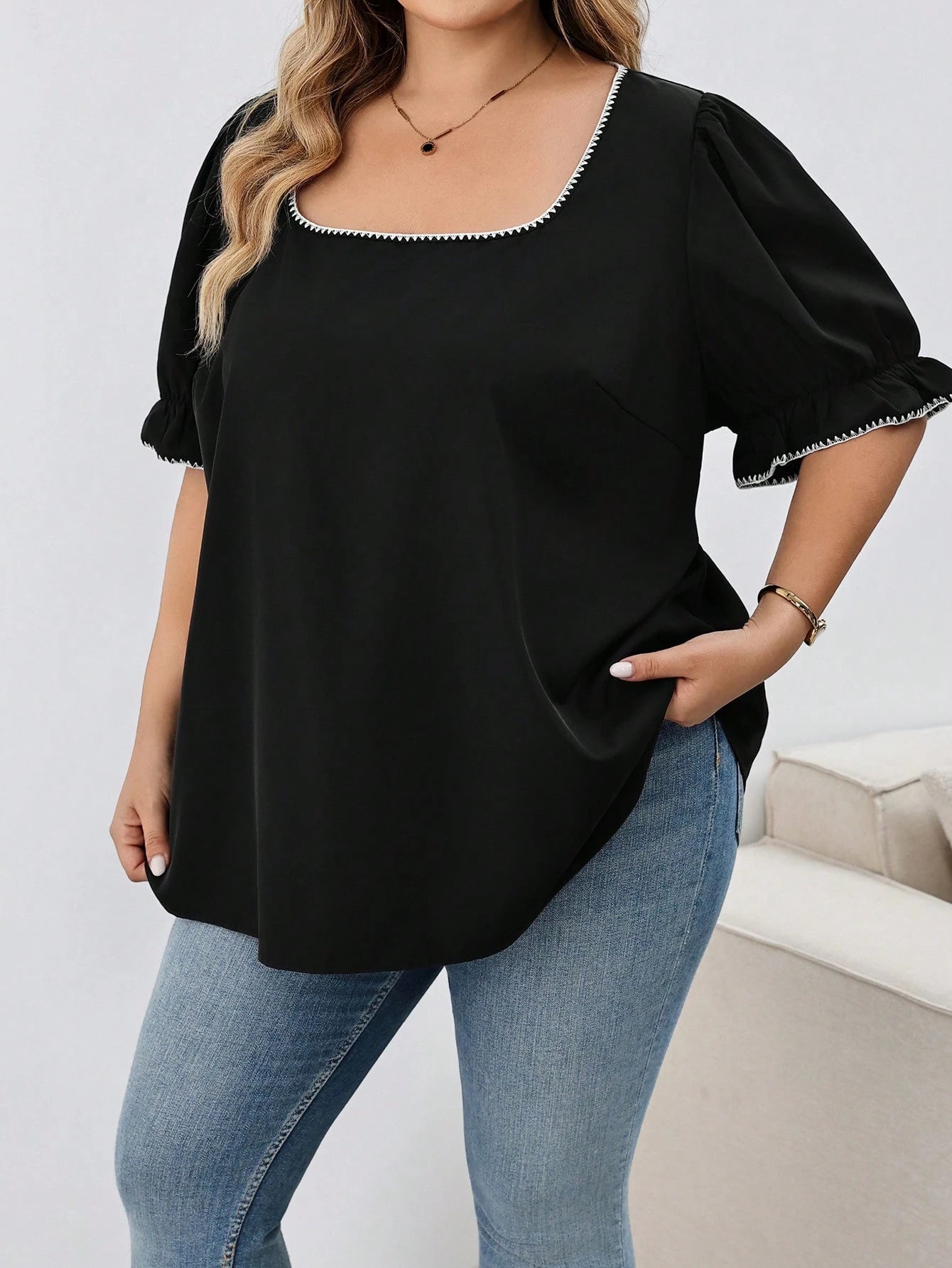 CURVE+ Plus Size Women's Casual Holiday Shell & Floral Decor Square Neck Lantern Sleeve Loose Blouse, Elegant Summer Vacation Top