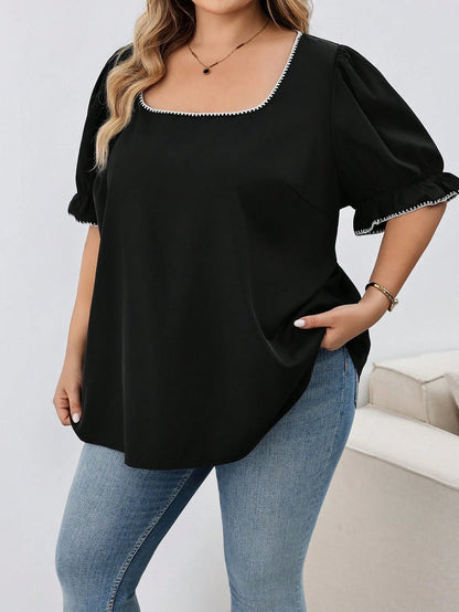 CURVE+ Plus Size Women's Casual Holiday Shell & Floral Decor Square Neck Lantern Sleeve Loose Blouse, Elegant Summer Vacation Top