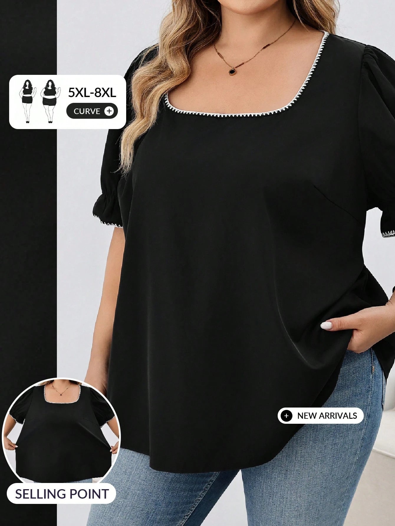 CURVE+ Plus Size Women's Casual Holiday Shell & Floral Decor Square Neck Lantern Sleeve Loose Blouse, Elegant Summer Vacation Top