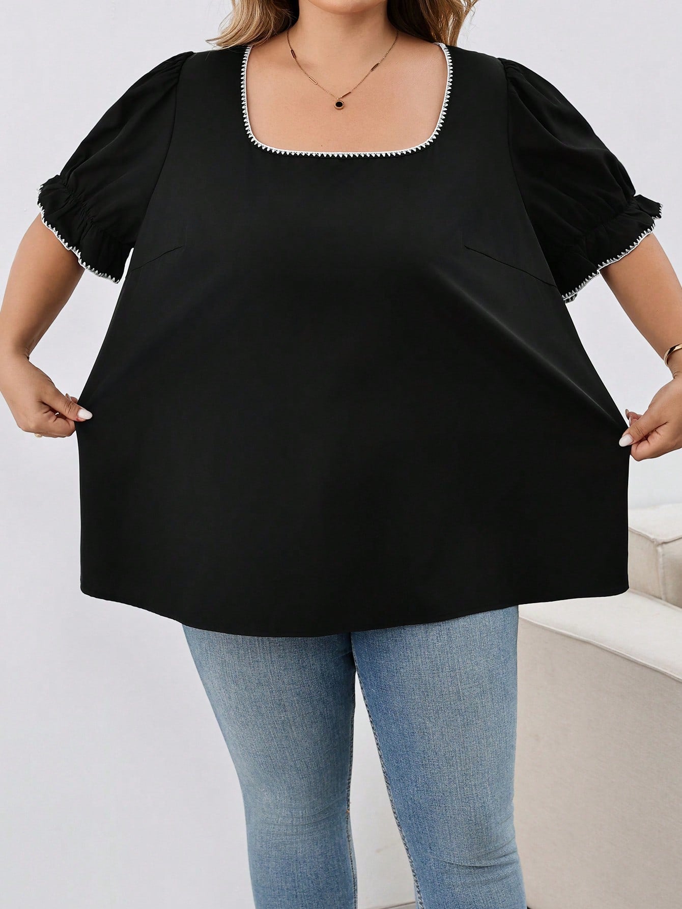 CURVE+ Plus Size Women's Casual Holiday Shell & Floral Decor Square Neck Lantern Sleeve Loose Blouse, Elegant Summer Vacation Top