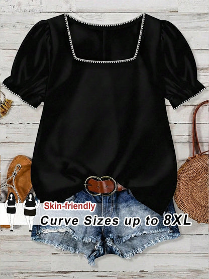CURVE+ Plus Size Women's Casual Holiday Shell & Floral Decor Square Neck Lantern Sleeve Loose Blouse, Elegant Summer Vacation Top