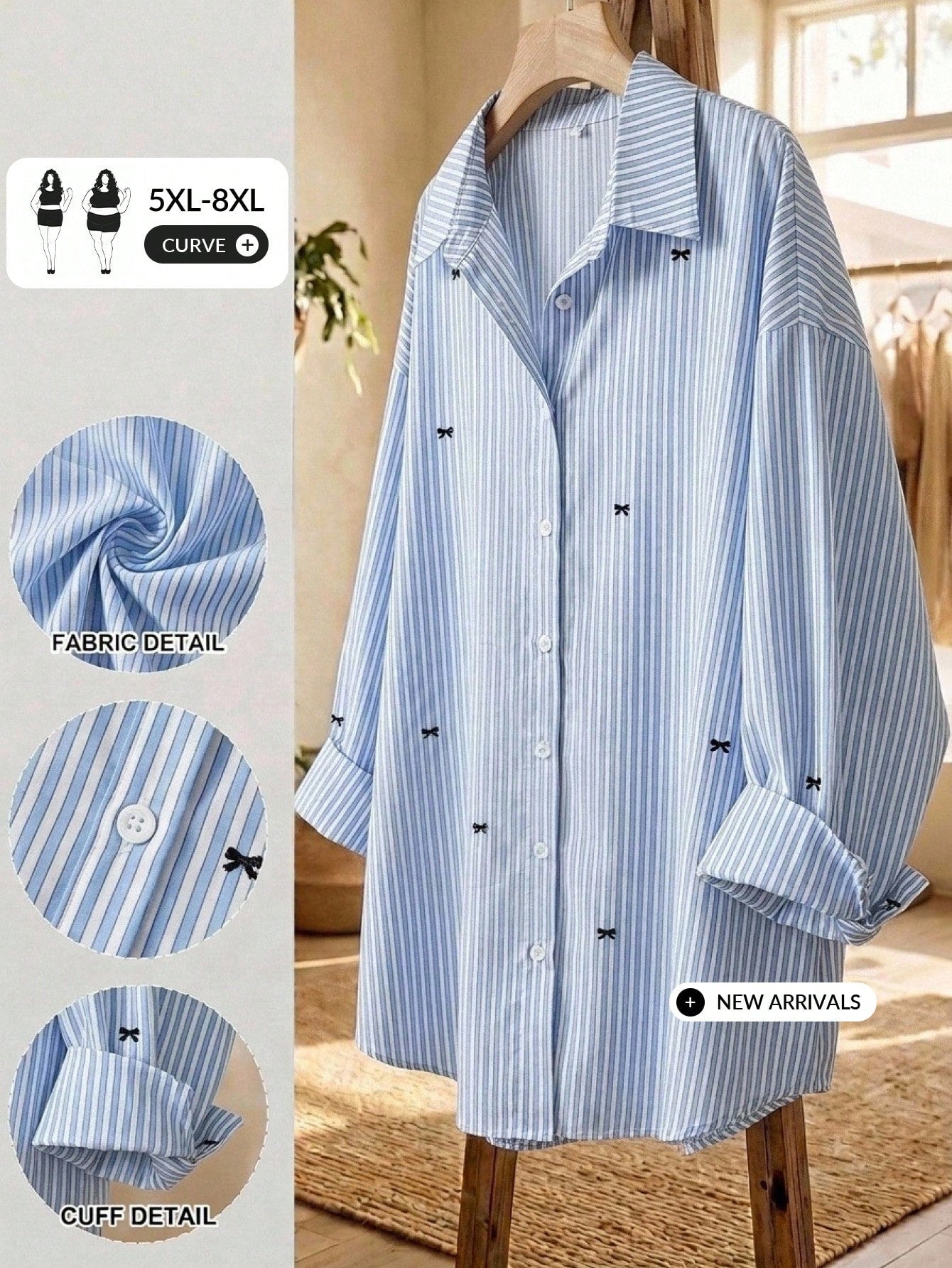 CURVE+ Plus Size Women's Striped Casual 90s 80s Versatile Daily Long Sleeve Shirt Back-To-School Office Party Baby Blue Autumn Fall