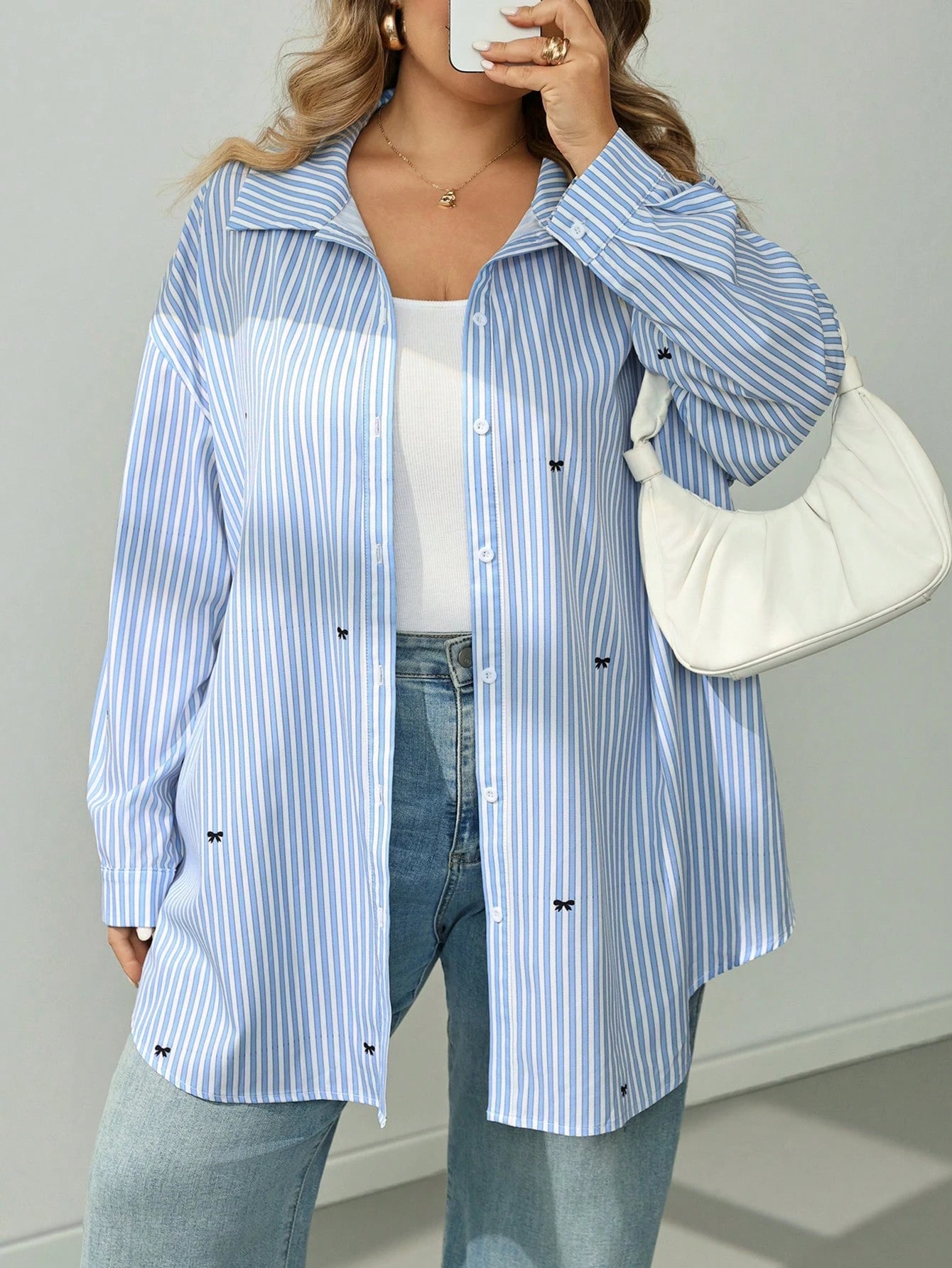 CURVE+ Plus Size Women's Striped Casual 90s 80s Versatile Daily Long Sleeve Shirt Back-To-School Office Party Baby Blue Autumn Fall