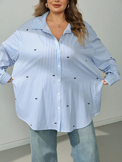 CURVE+ Plus Size Women's Striped Casual 90s 80s Versatile Daily Long Sleeve Shirt Back-To-School Office Party Baby Blue Autumn Fall