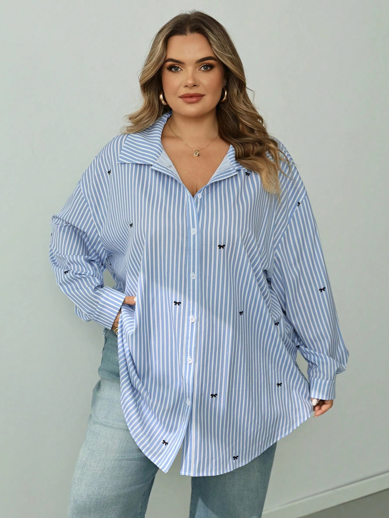 CURVE+ Plus Size Women's Striped Casual 90s 80s Versatile Daily Long Sleeve Shirt Back-To-School Office Party Baby Blue Autumn Fall