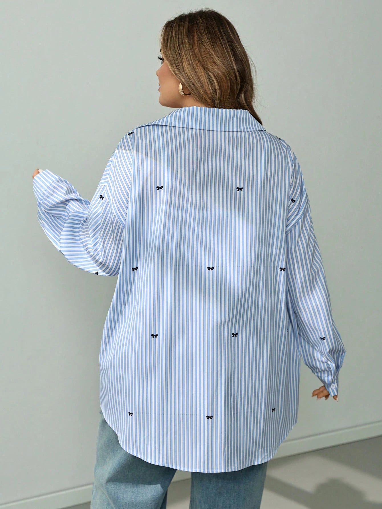 CURVE+ Plus Size Women's Striped Casual 90s 80s Versatile Daily Long Sleeve Shirt Back-To-School Office Party Baby Blue Autumn Fall