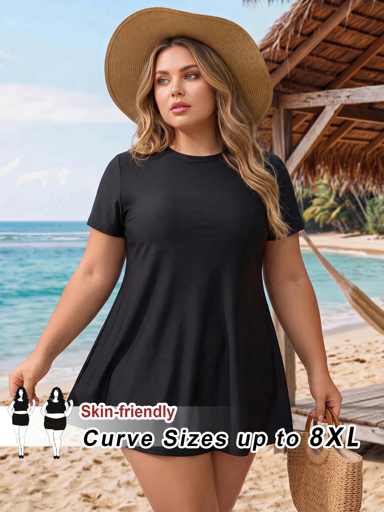 CURVE+ Plus Size Women Solid Color Short Sleeve Top And Triangle Bikini Bottom Two-Piece Swimsuit Set Beach Vacation Summer Black Conservative Modest