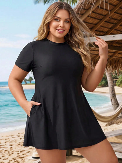 CURVE+ Plus Size Women Solid Color Short Sleeve Top And Triangle Bikini Bottom Two-Piece Swimsuit Set Beach Vacation Summer Black Conservative Modest