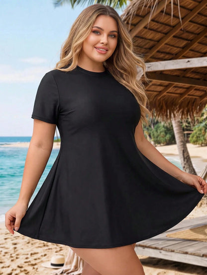 CURVE+ Plus Size Women Solid Color Short Sleeve Top And Triangle Bikini Bottom Two-Piece Swimsuit Set Beach Vacation Summer Black Conservative Modest