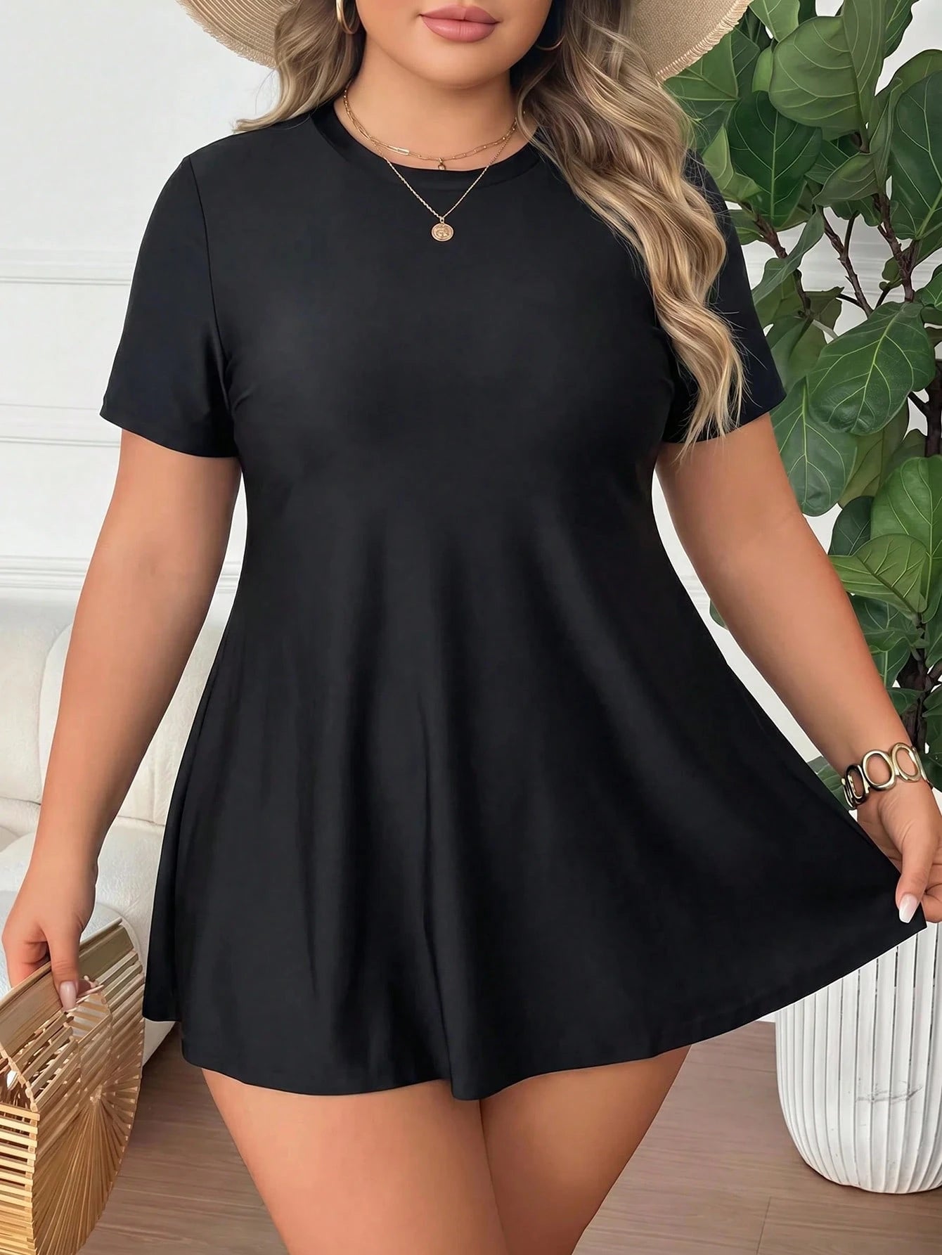 CURVE+ Plus Size Women Solid Color Short Sleeve Top And Triangle Bikini Bottom Two-Piece Swimsuit Set Beach Vacation Summer Black Conservative Modest