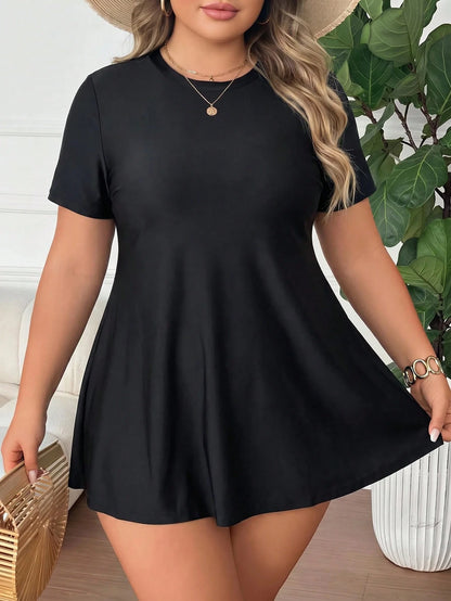 CURVE+ Plus Size Women Solid Color Short Sleeve Top And Triangle Bikini Bottom Two-Piece Swimsuit Set Beach Vacation Summer Black Conservative Modest