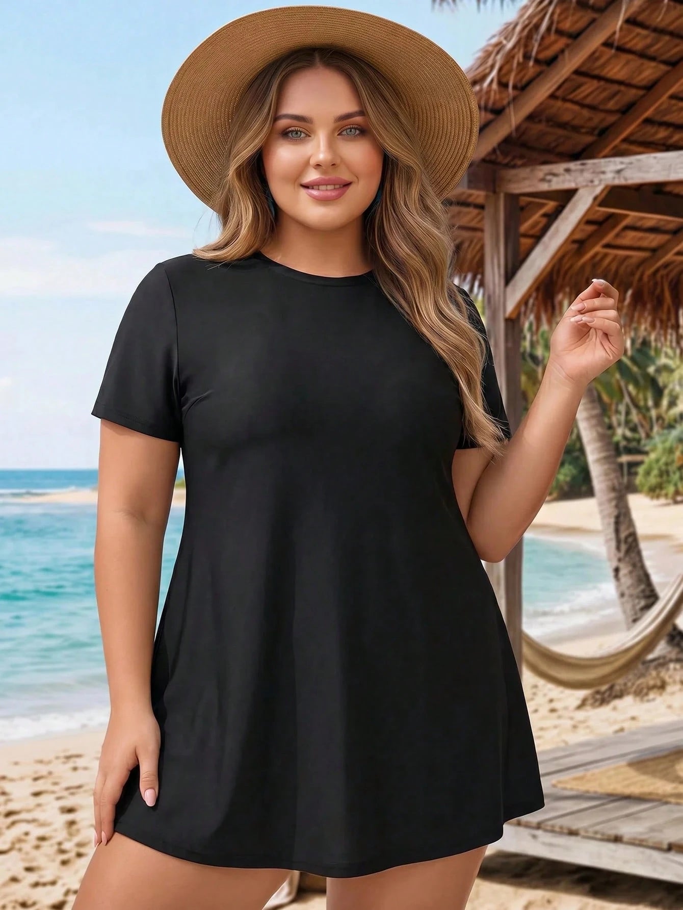 CURVE+ Plus Size Women Solid Color Short Sleeve Top And Triangle Bikini Bottom Two-Piece Swimsuit Set Beach Vacation Summer Black Conservative Modest