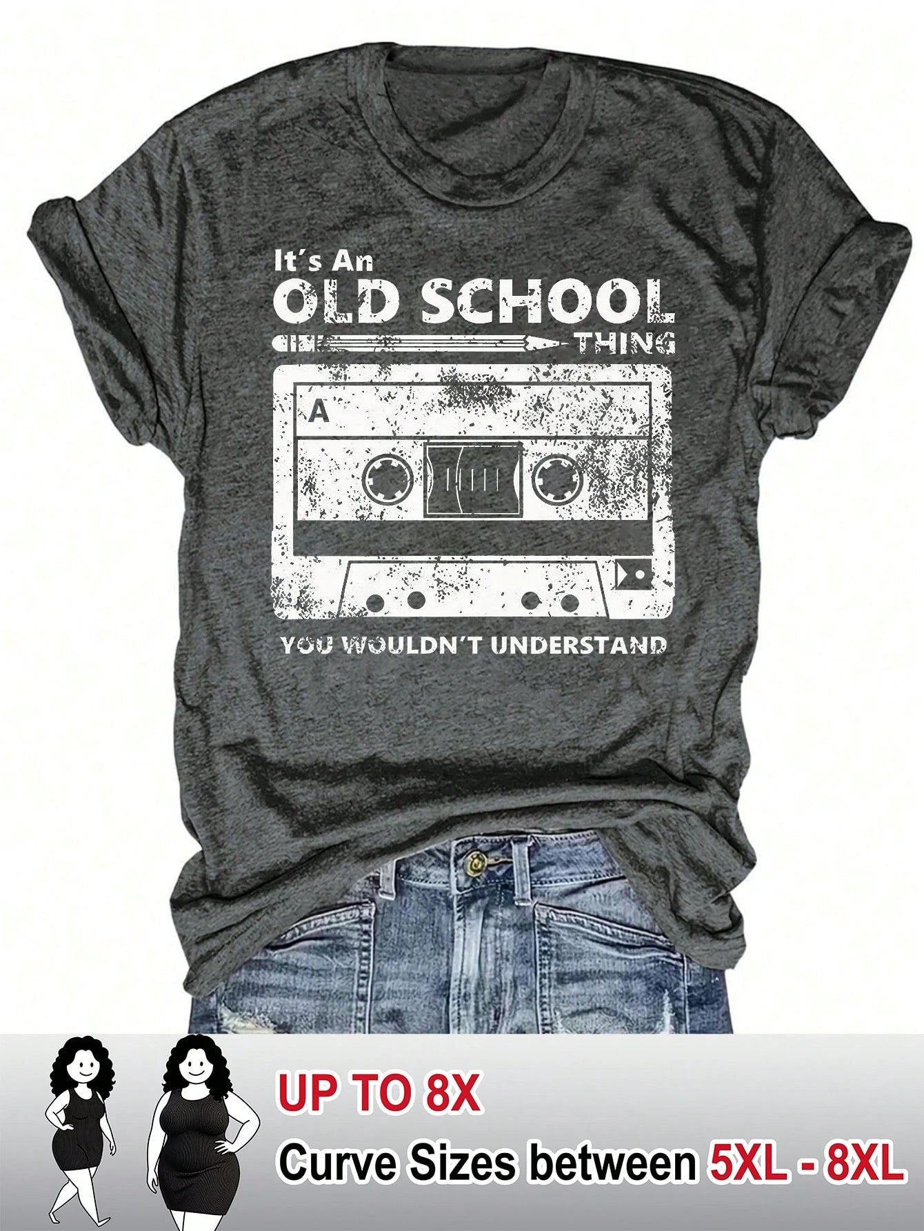 CURVE+ Women's Music Festival Tape-Printed T-Shirt With A Round Neck And Short Sleeves, Plus Size Women's Pattern-Printed Short-Sleeved T-Shirt.