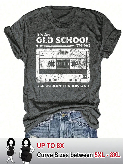 CURVE+ Women's Music Festival Tape-Printed T-Shirt With A Round Neck And Short Sleeves, Plus Size Women's Pattern-Printed Short-Sleeved T-Shirt.