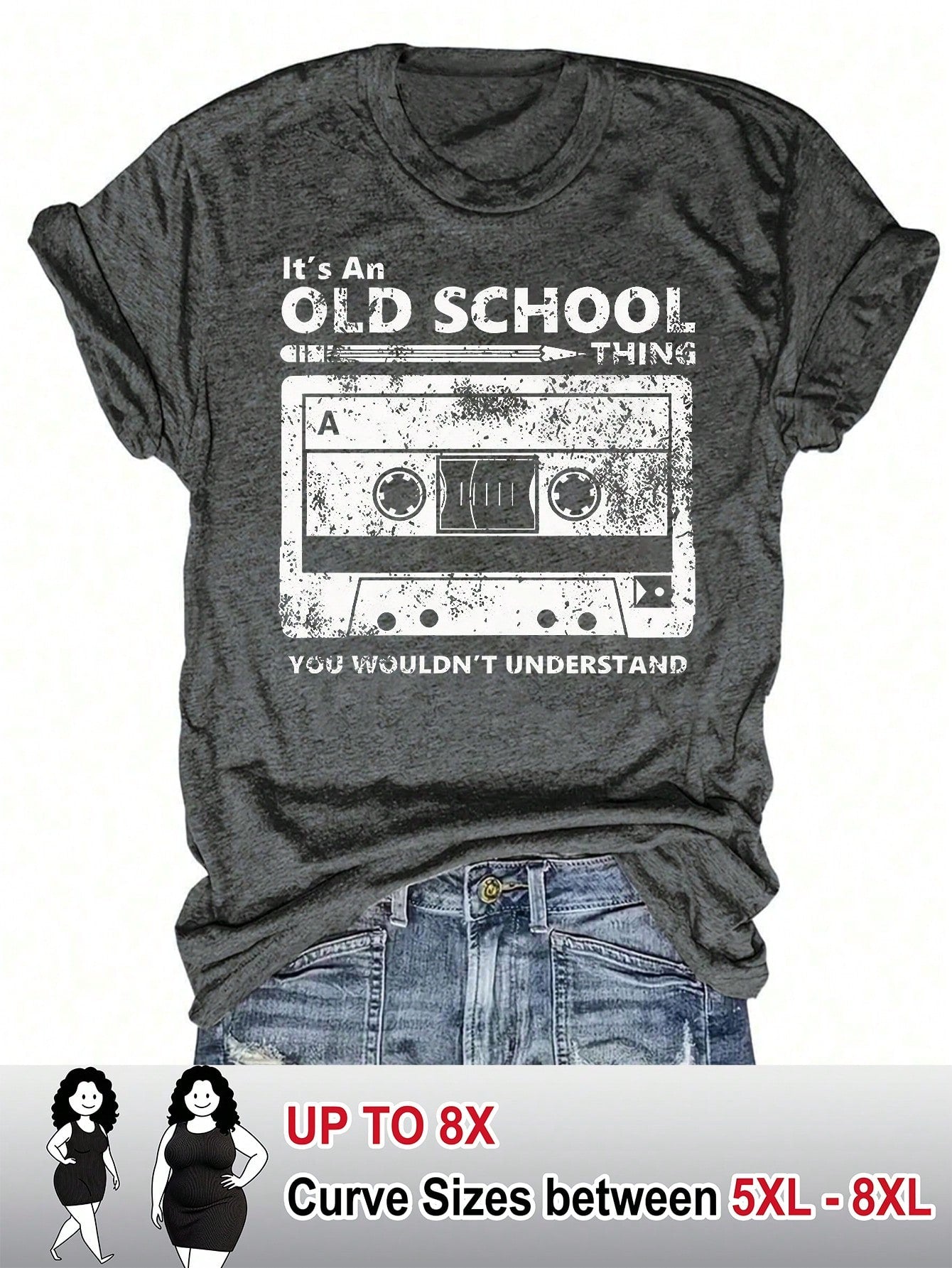 CURVE+ Women's Music Festival Tape-Printed T-Shirt With A Round Neck And Short Sleeves, Plus Size Women's Pattern-Printed Short-Sleeved T-Shirt.