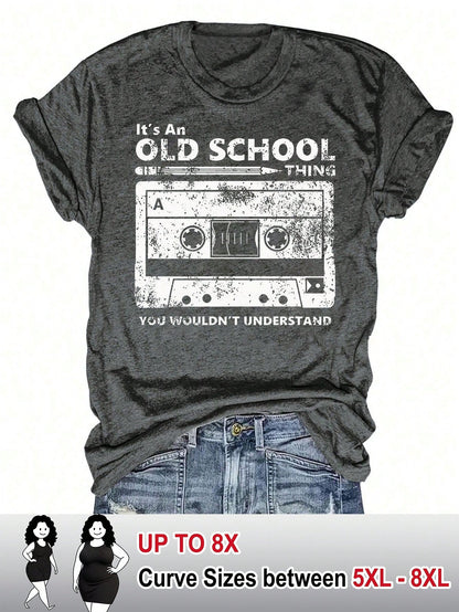 CURVE+ Women's Music Festival Tape-Printed T-Shirt With A Round Neck And Short Sleeves, Plus Size Women's Pattern-Printed Short-Sleeved T-Shirt.