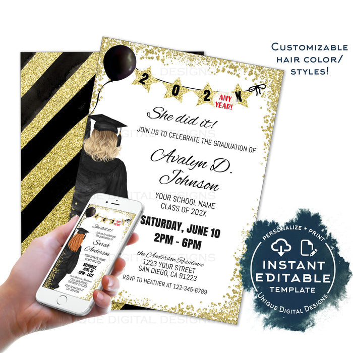 Custom Hairstyle, Editable Graduation Announcement, Girls Class of 2021 Grad Invite, Phone Text High School College Graduate Digital INSTANT