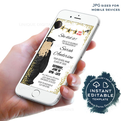 Custom Hairstyle, Editable Graduation Announcement, Girls Class of 2021 Grad Invite, Phone Text High School College Graduate Digital INSTANT