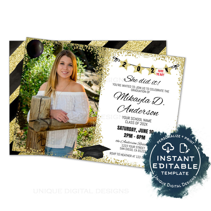 Custom Hairstyle, Editable Graduation Announcement, Girls Class of 2021 Grad Invite, Phone Text High School College Graduate Digital INSTANT