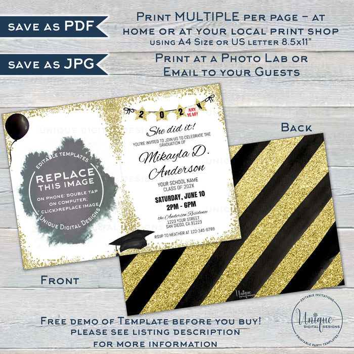 Custom Hairstyle, Editable Graduation Announcement, Girls Class of 2021 Grad Invite, Phone Text High School College Graduate Digital INSTANT
