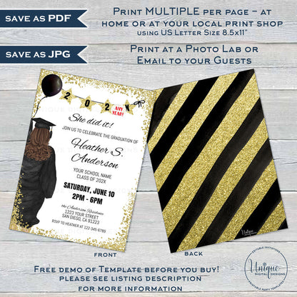 Custom Hairstyle, Editable Graduation Announcement, Girls Class of 2021 Grad Invite, Phone Text High School College Graduate Digital INSTANT