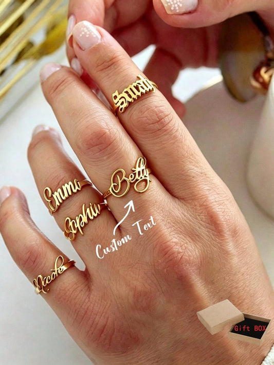 Custom Name Rings For Women Men Personalized Name Ring Opening Adjustable Stainless Steel Gold Plated Ring Christmas Jewelry Gift For Her Mom Bridesmaid, Father's Day, Wedding, Daily Wear, For Teenage