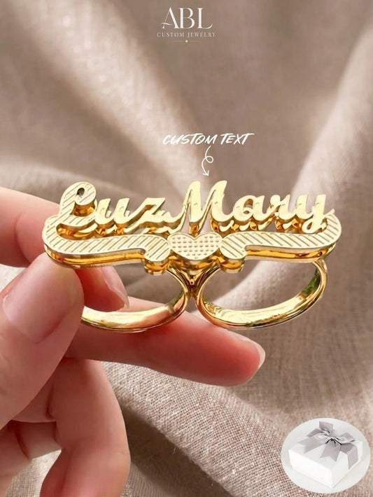 Customized Double-Layer Gold Plated Name Ring, Dual-Tone Ring, Personalized Gift, Double Finger Ring, Name Plate Ring, Personalized Name Ring, Women's Double Finger Gold Ring, Adjustable Name Ring, Su