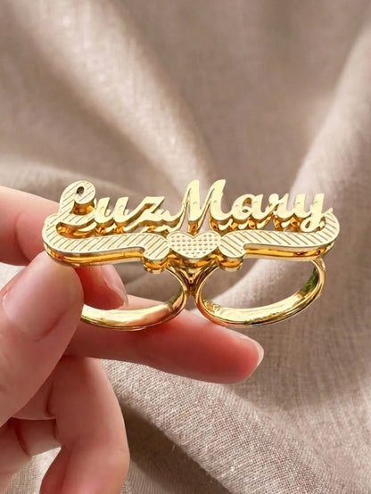 Customized Double-Layer Gold Plated Name Ring, Dual-Tone Ring, Personalized Gift, Double Finger Ring, Name Plate Ring, Personalized Name Ring, Women's Double Finger Gold Ring, Adjustable Name Ring, Su