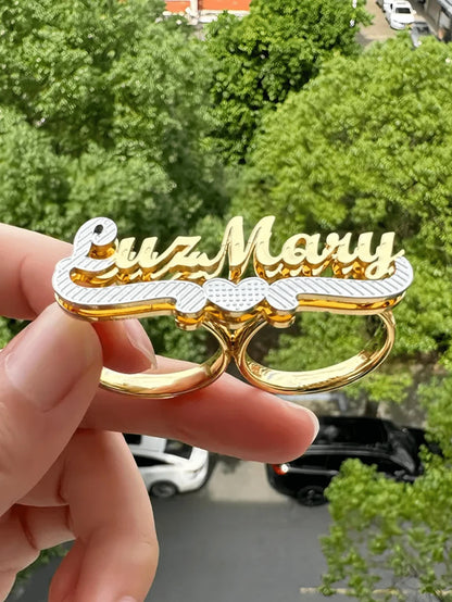 Customized Double-Layer Gold Plated Name Ring, Dual-Tone Ring, Personalized Gift, Double Finger Ring, Name Plate Ring, Personalized Name Ring, Women's Double Finger Gold Ring, Adjustable Name Ring, Su